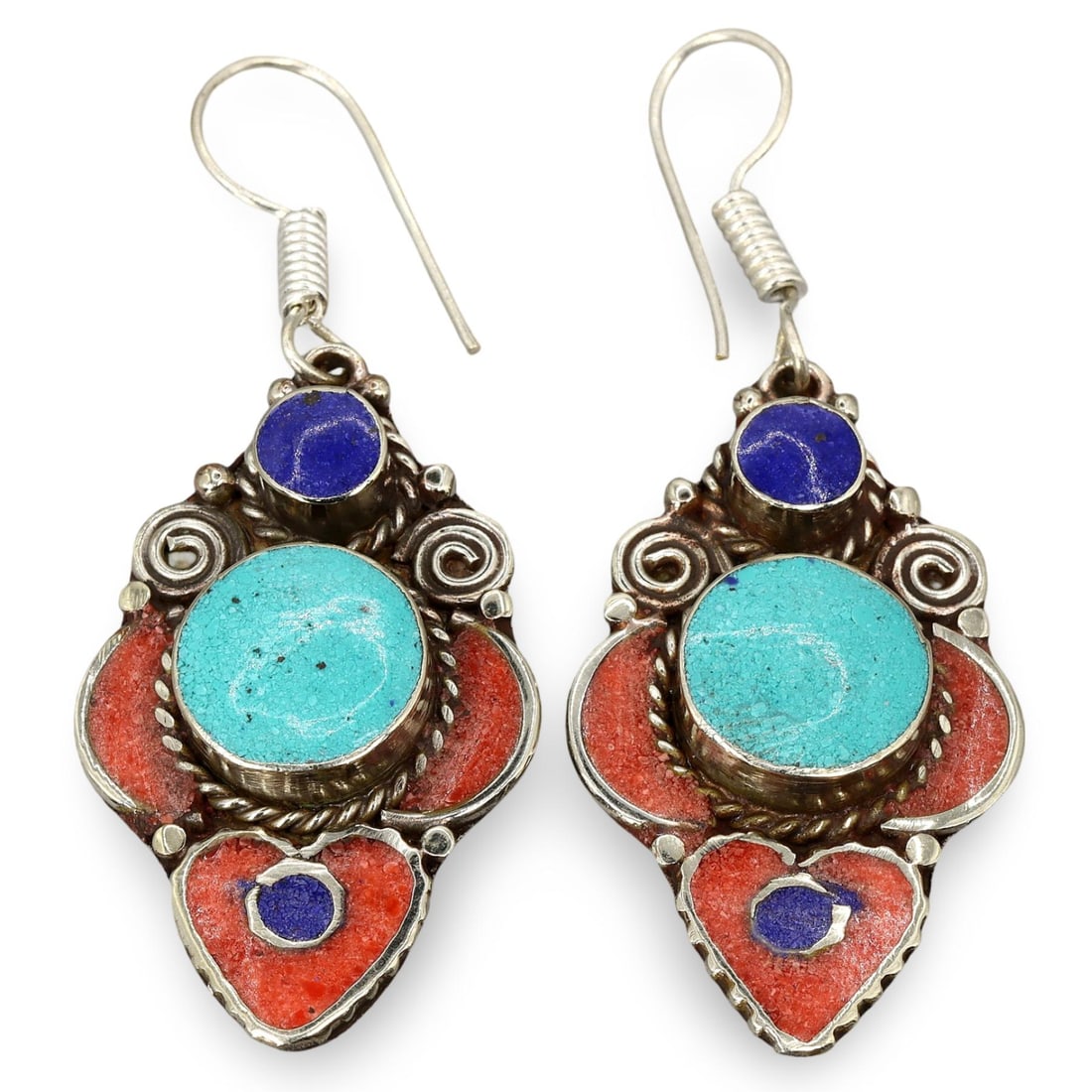 Antique Sino-Tibetan Gems Inlaid Silver Earrings: [No Reserve] Welcome to Auction 29 - No Reserve Tribal Treasures & Collector Beads! This special auction offers an incredible selection of collectible beads and tribal jewelry, all with no reserve. Ev