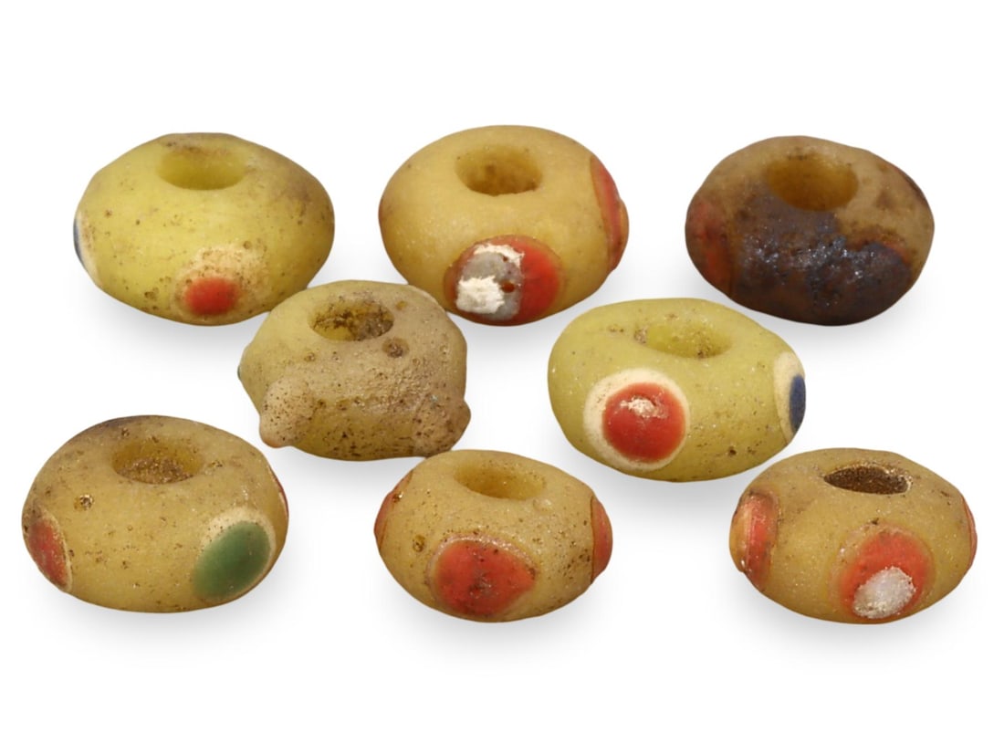 Lot of 8 Ancient Carthaginian Stratified Knobbed Eye Glass Beads: [No Reserve] Welcome to Auction 29 - No Reserve Tribal Treasures & Collector Beads! This special auction offers an incredible selection of collectible beads and tribal jewelry, all with no reserve. Ev