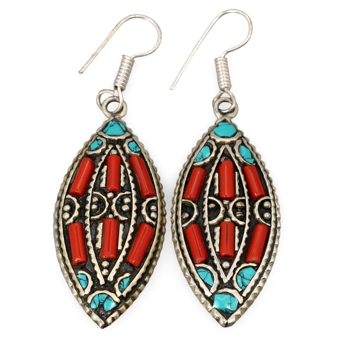 Antique Sino-Tibetan Gems Inlaid Silver Earrings: [No Reserve] Welcome to Auction 29 - No Reserve Tribal Treasures & Collector Beads! This special auction offers an incredible selection of collectible beads and tribal jewelry, all with no reserve. Ev