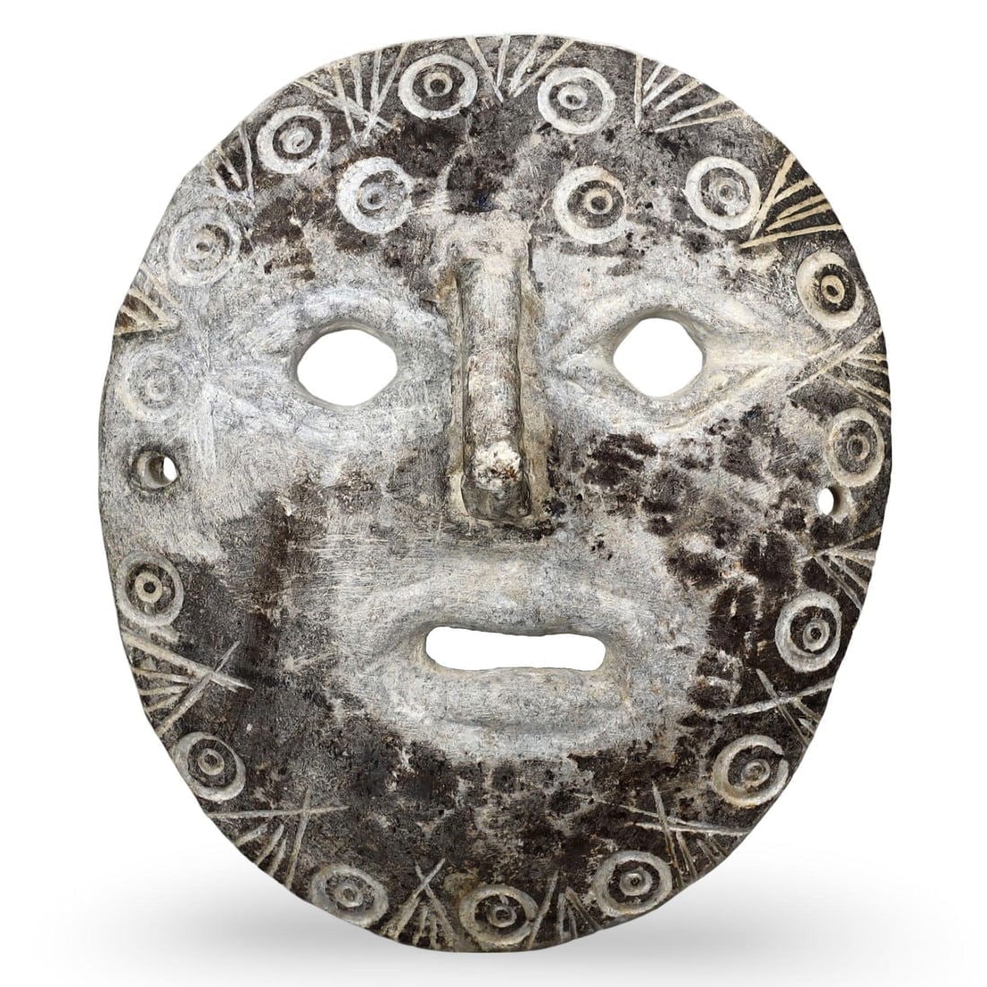 7.8" Ancient Early Medieval Sino-Siberian Chlorite Schist Tribal Mask, 5th-10th Century: 7.8" Ancient Early Medieval Sino-Siberian Chlorite Schist Tribal Mask, 5th-10th Century