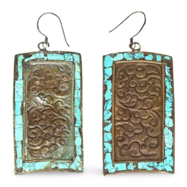 Post Medieval Indo-Scythian Tribal Brass Earrings with Turquoise Inlay, 16th-19th Century (1 of 2)