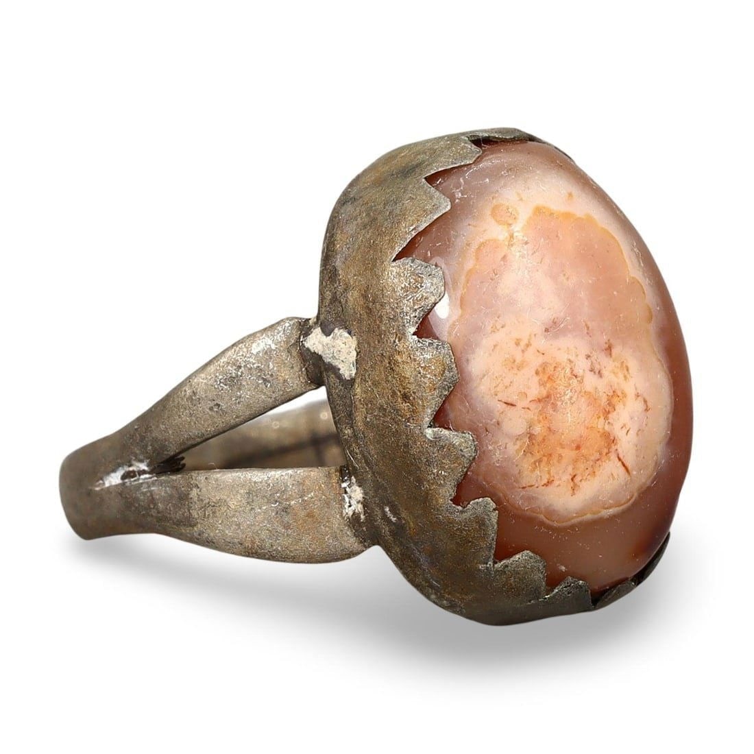 Late Medieval European Men's Silver Ring with Gems, 16th-18th Century 8 US (1 of 2)