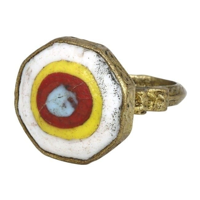 Antique Post Medieval Period Nomadic Ring with Mosaic Glass Bead, US Size 9, 19th Century: Antique Post Medieval Period Nomadic Ring with Mosaic Glass Bead, US Size 9, 19th Century