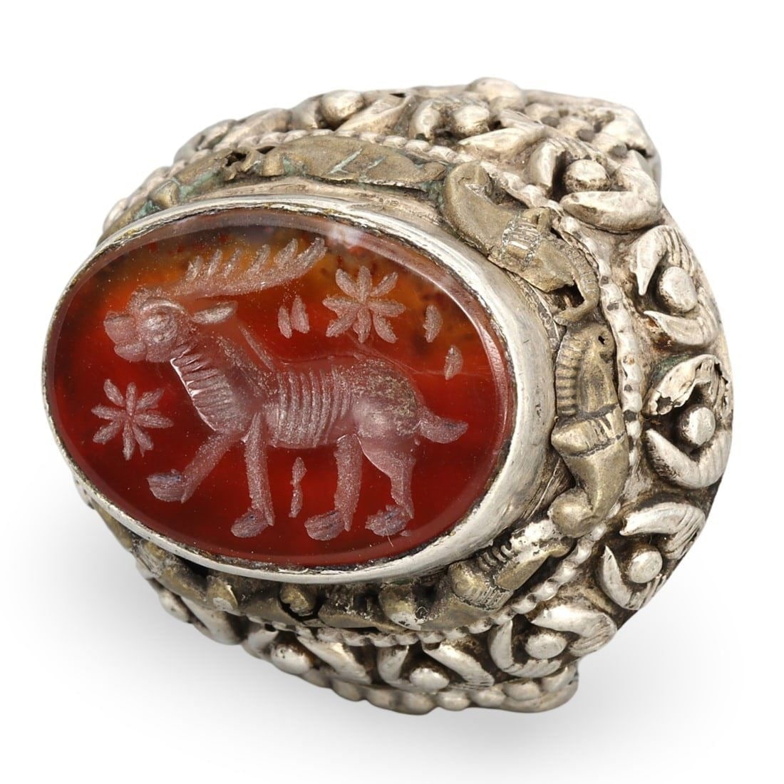 Ottoman Empire Gold-Gilt Bronze Ring with Carnelian Intaglio of Ibex Motif, 19th Century: Ottoman Empire Gold-Gilt Bronze Ring with Carnelian Intaglio of Ibex Motif, 19th Century