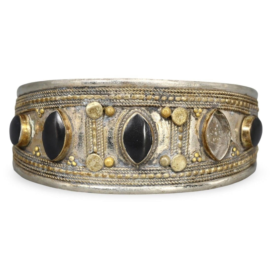 Post Medieval Qajar Dynasty Silver Cuff Bracelet with Onyx Agate Gems, 18th-20th Century (1 of 3)