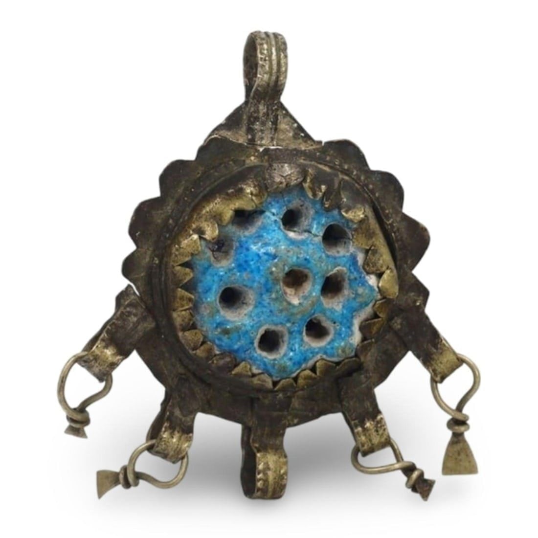 Ancient Egyptian Faience Rosette Amulet in Bronze Locket Pendant: Ancient Egyptian Faience Rosette Amulet in Bronze Locket Pendant
