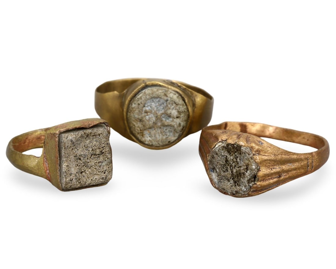 Ancient Medieval Collection of Three Bronze Signet Rings with Stone Inlays (1 of 2)
