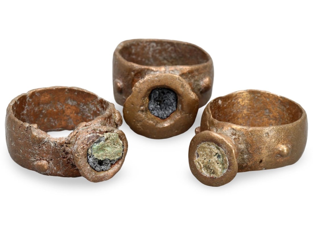 Collection of Three Ancient Medieval Bronze Rings with Distinct Designs (1 of 2)