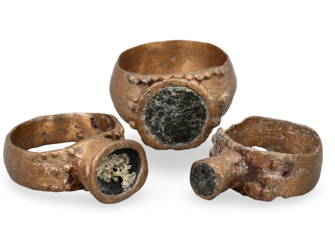Collection of Three Ancient Medieval Bronze Rings with Distinct Designs (1 of 2)