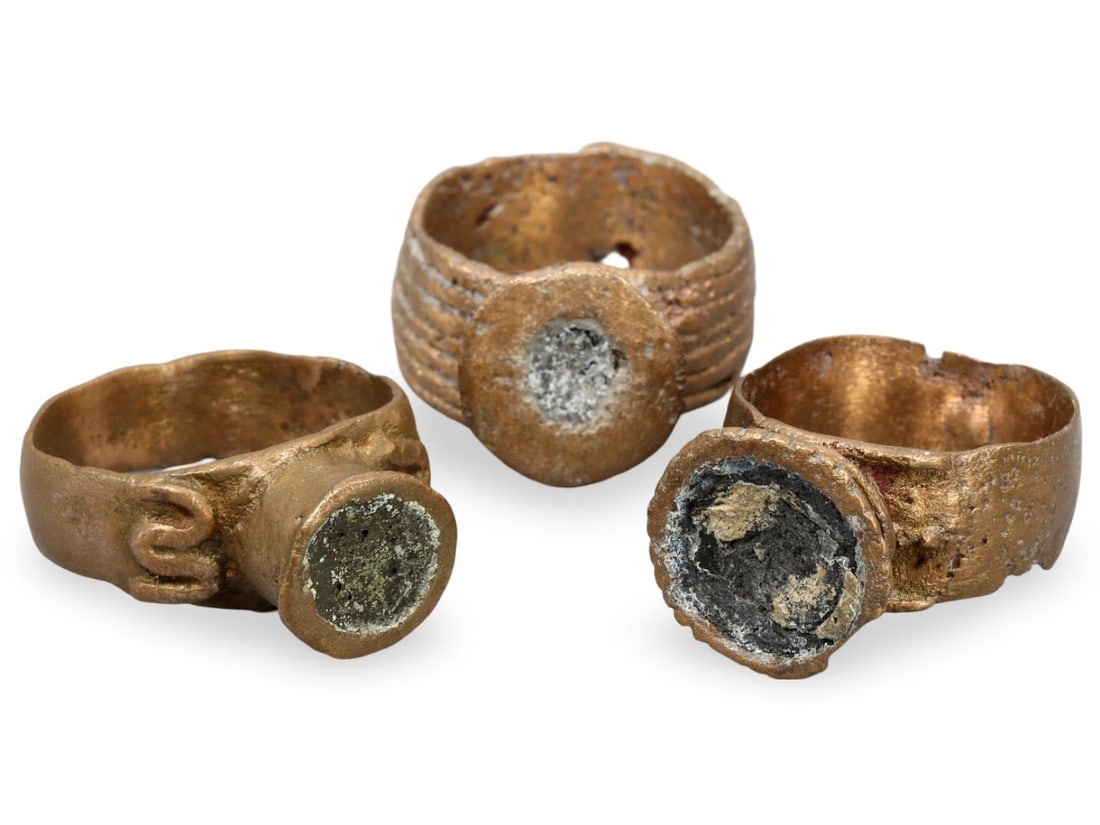 Collection of Three Ancient Medieval Bronze Rings with Distinct Designs (1 of 2)