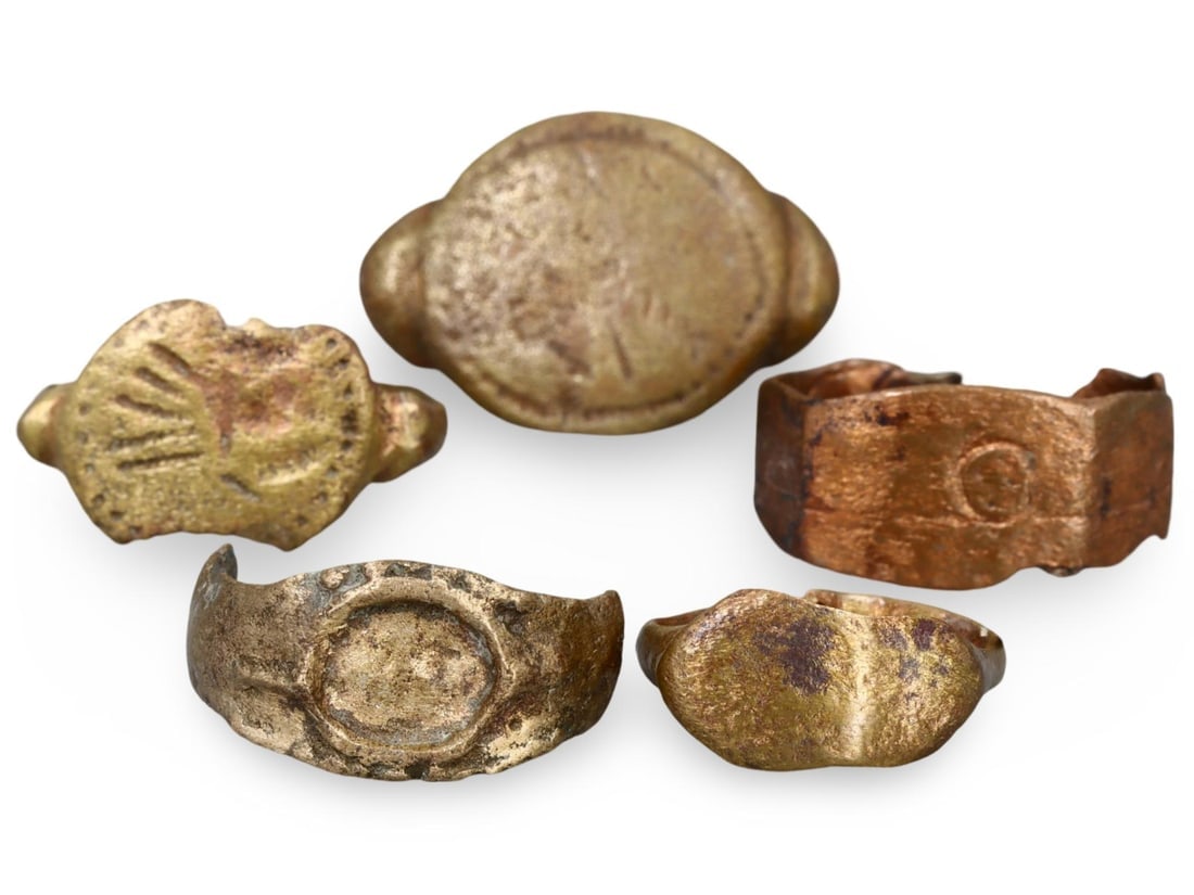 Collection of Five Ancient Medieval Bronze Rings with Engraved Motifs (1 of 2)