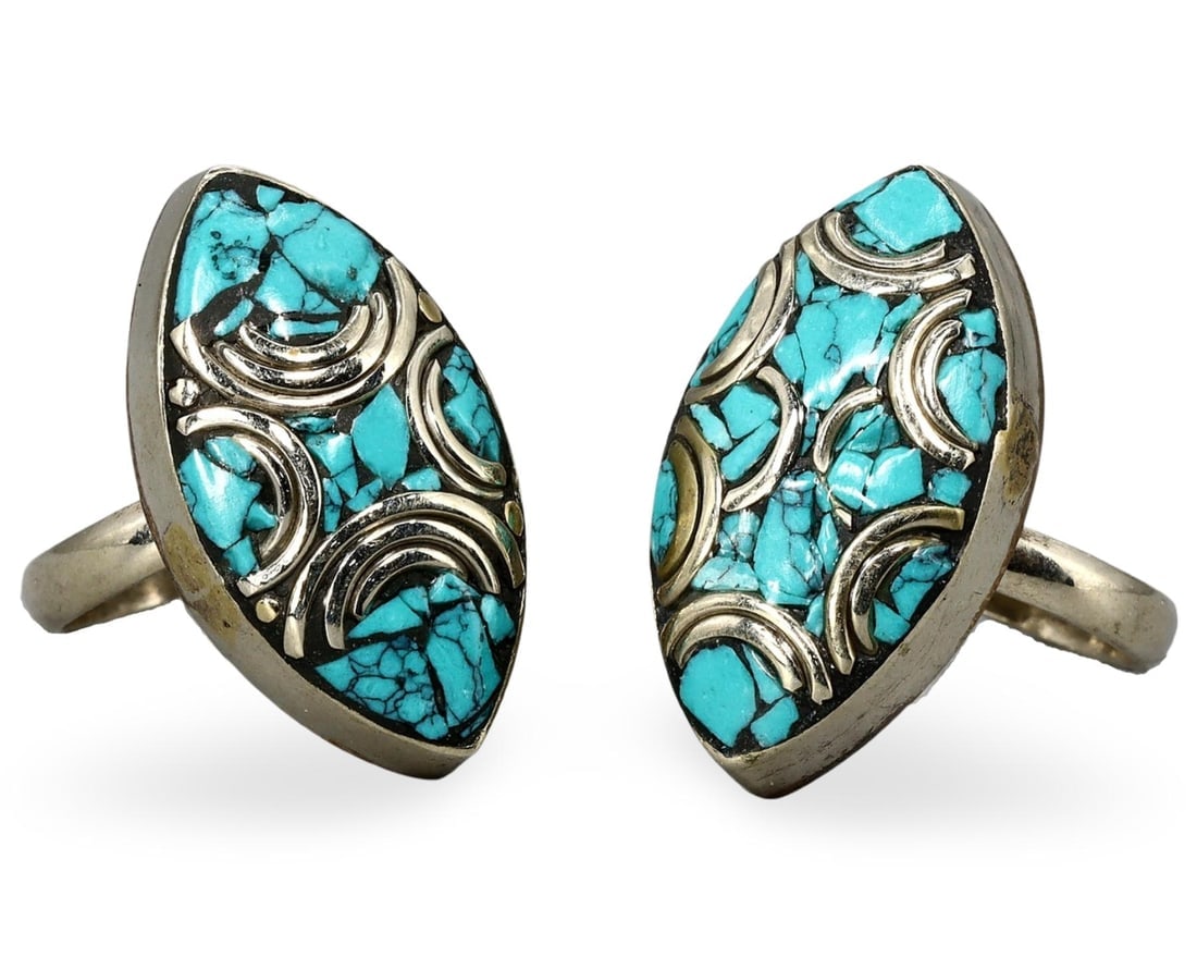 Antique Sino-Tibetan Gems Inlaid Silver Rings (1 of 2)