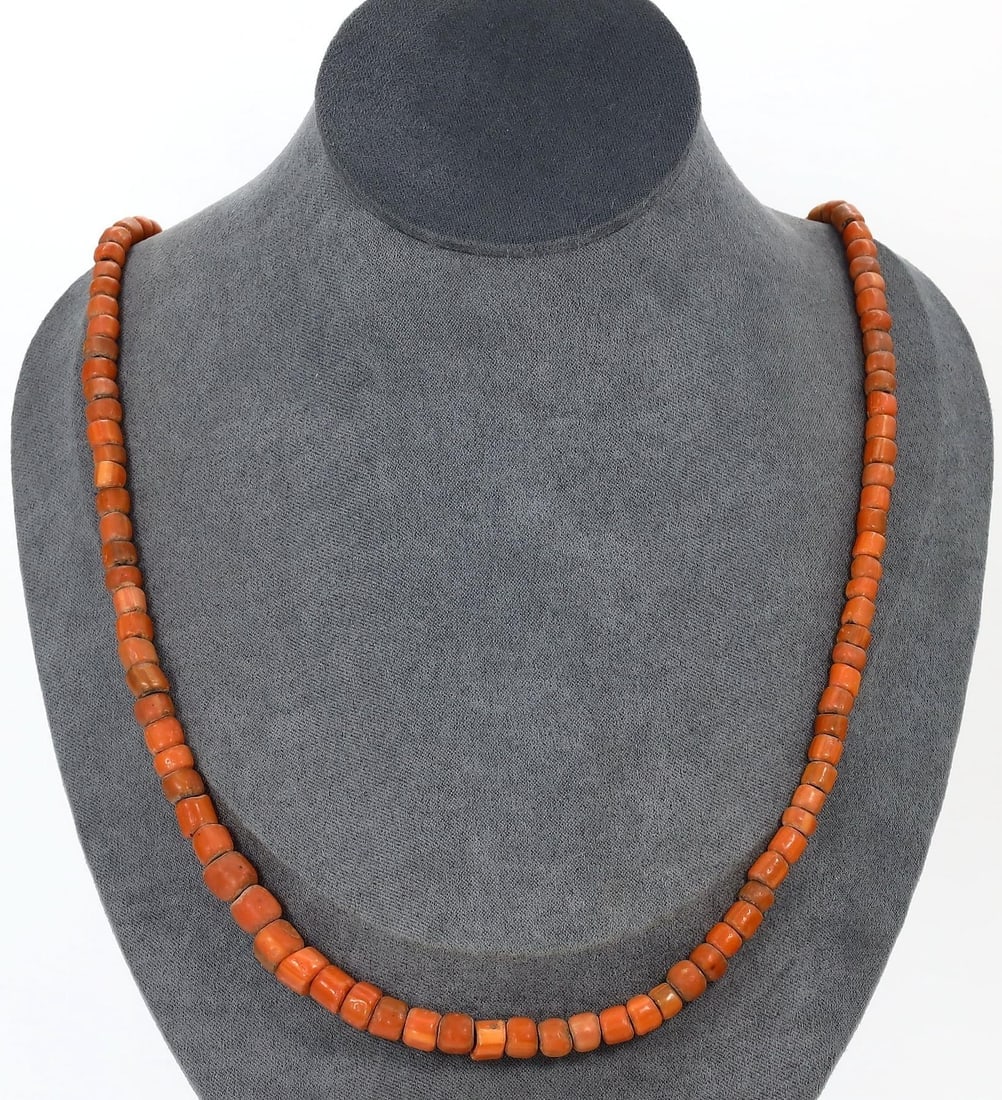 Antique Sino-Tibetan Coral Color Glass Beaded Necklace: Antique Sino-Tibetan Coral Color Glass Beaded Necklace