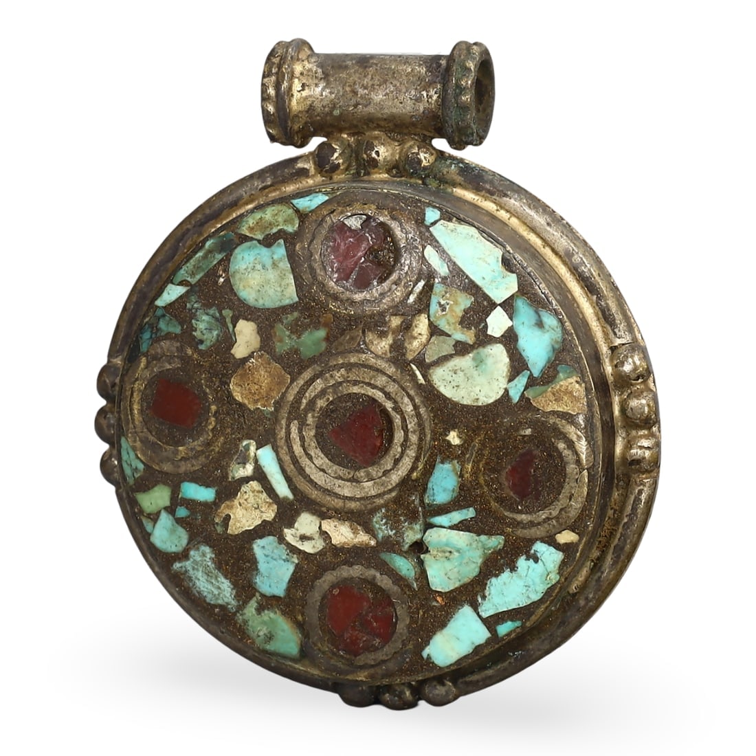 Antique Sino-Tibetan Gems Inlaid Silver Amulet Pendant: Antique Sino-Tibetan Gems Inlaid Silver Amulet Pendant