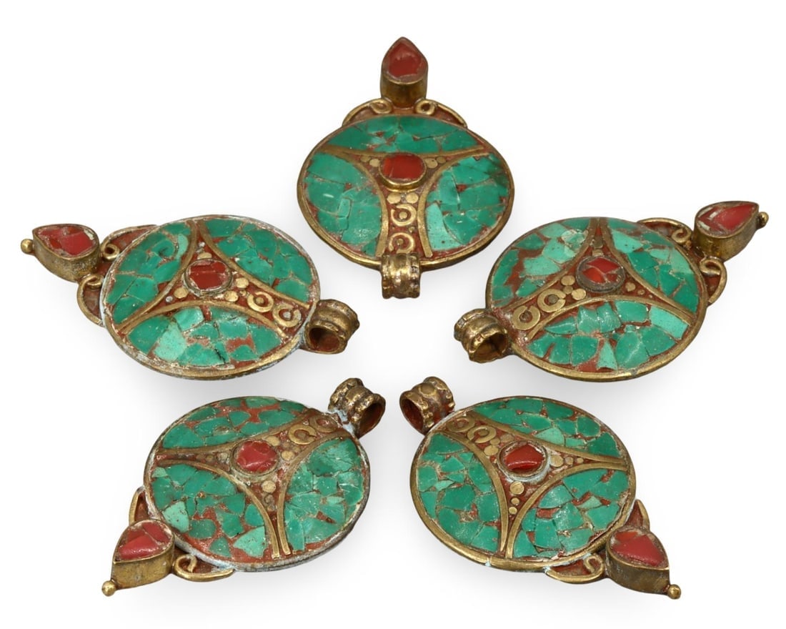 Antique Indo Himalayan Malachite Coral Inlaid Locket Pendants: Antique Indo Himalayan Malachite Coral Inlaid Locket Pendants