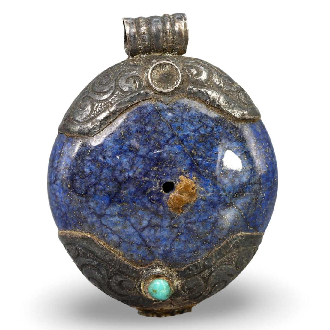 Vintage Tibetan Lapis Lazuli and Turquoise Inlay Silvered Pendant: Vintage Tibetan Lapis Lazuli and Turquoise Inlay Silvered Pendant
