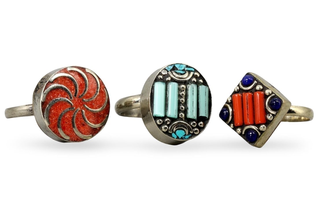 Antique Sino-Tibetan Gems Inlaid Silver Rings (1 of 2)