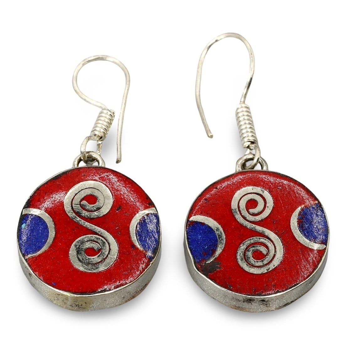 Antique Sino-Tibetan Gems Inlaid Silver Earrings: Antique Sino-Tibetan Gems Inlaid Silver Earrings
