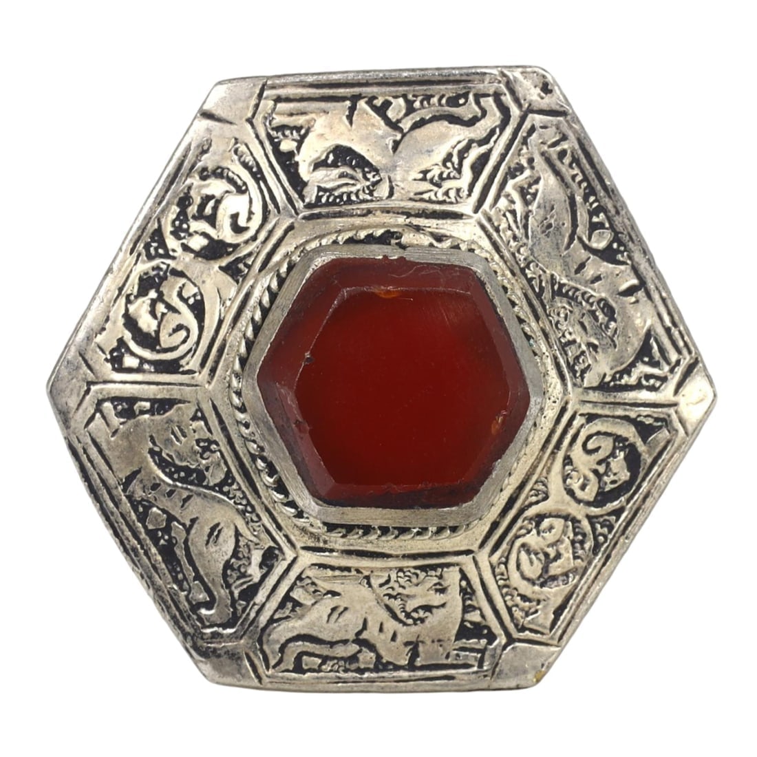 Antique Qajar Dynasty Silver-Gilt Cocktail Ring with Center Stone: Antique Qajar Dynasty Silver-Gilt Cocktail Ring with Center Stone