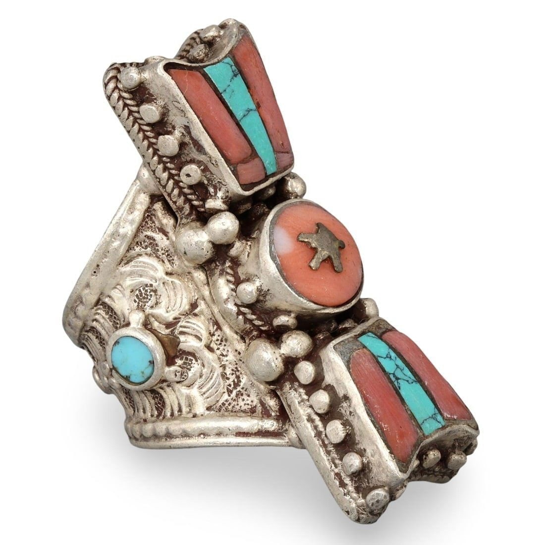 Post Medieval Sino-Tibetan Silver Gilt Ring with Turquoise and Coral Inlay, 19th-20th Century (1 of 3)