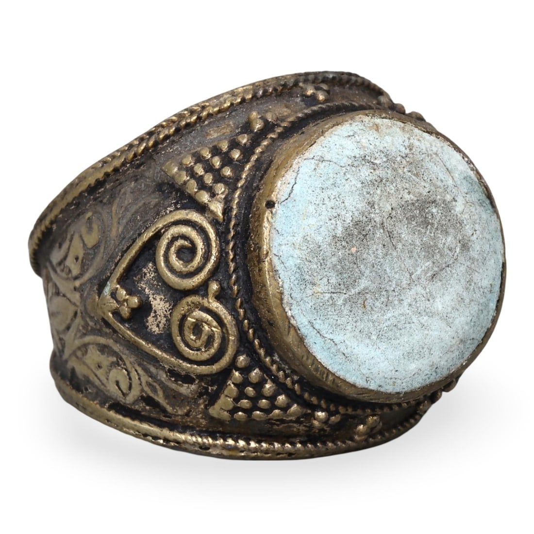 Antique Qajar Dynasty Silver-Gilt Cocktail Ring with Center Stone: Antique Qajar Dynasty Silver-Gilt Cocktail Ring with Center Stone