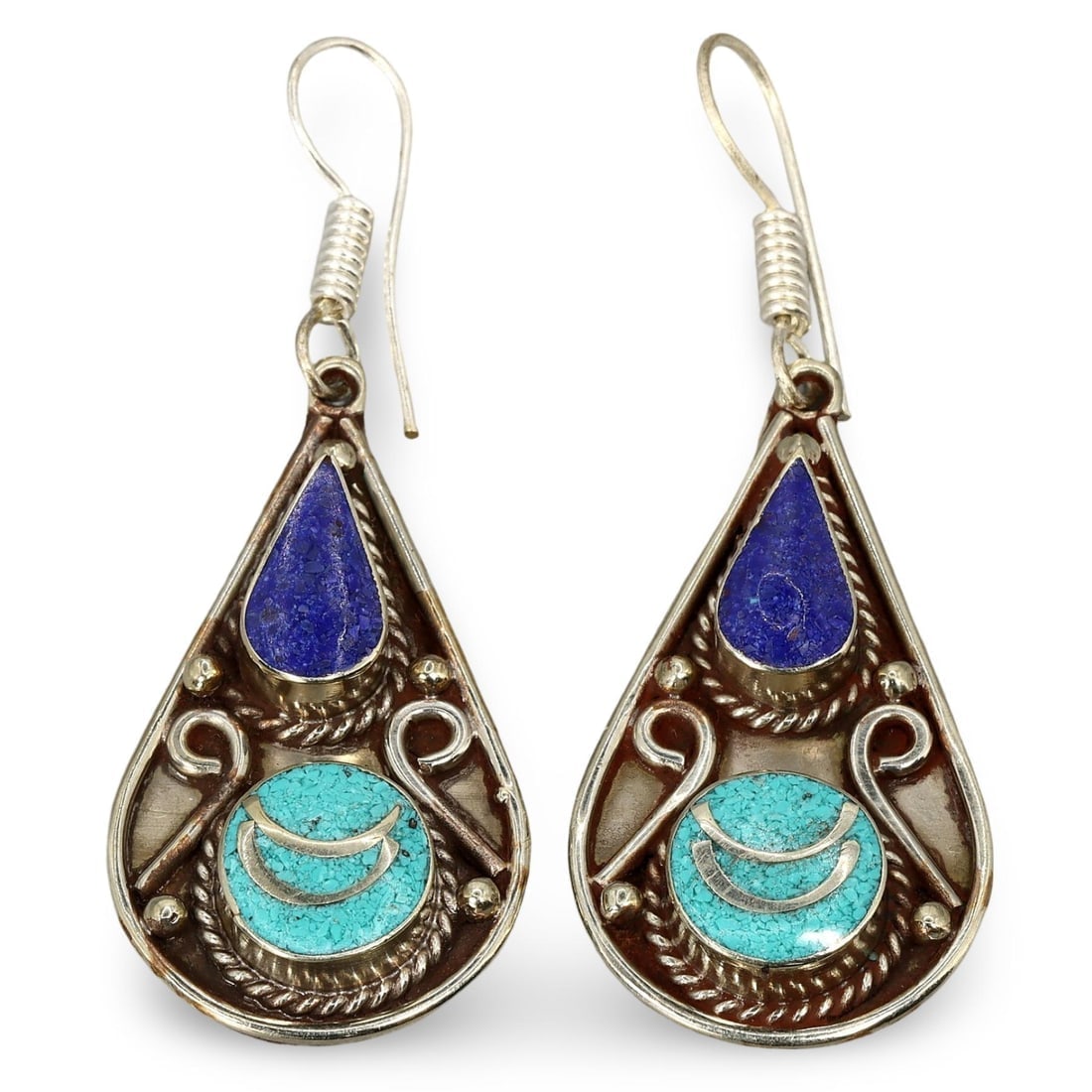 Antique Sino-Tibetan Gems Inlaid Silver Earrings: Antique Sino-Tibetan Gems Inlaid Silver Earrings