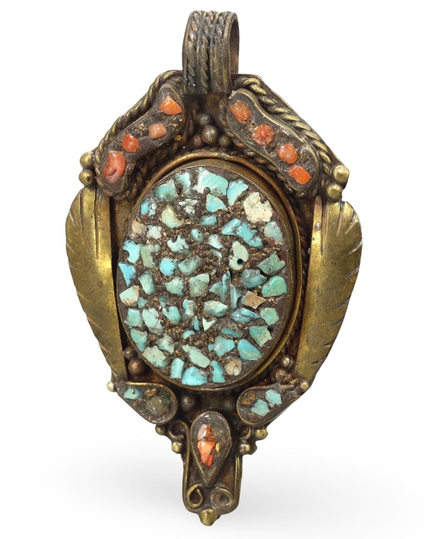 Antique Sino-Tibetan Gems Inlaid Silver Amulet Pendant (1 of 2)