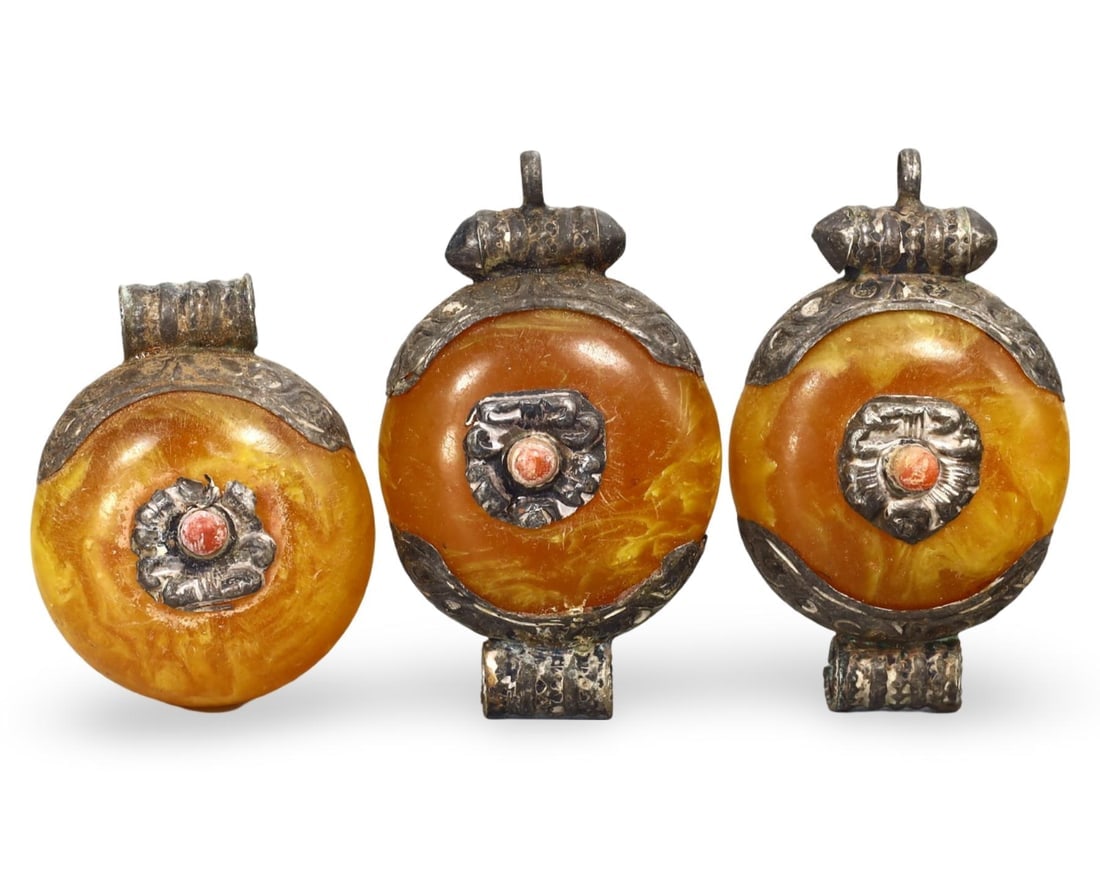 Post Medieval Tibetan Capped Copal Locket Amulet Pendants, Mid 20th Century (1 of 1)
