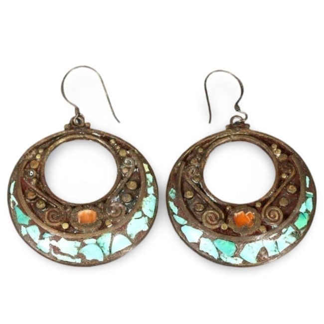 Post Medieval Indo-Scythian Tribal Brass Earrings with Turquoise Inlay, 16th-19th Century (1 of 2)