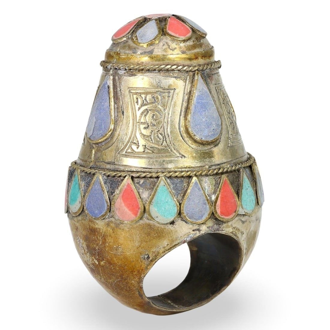 Turkish Nomad Tribe Tower Ring, Silver with Vegetal, late 19th-early 20th Century: We are delighted to present an extraordinary collection of jewelry and artifacts spanning various historic European periods. Our selection ranges from Ancient Roman, Byzantine, and Early Medieval to L