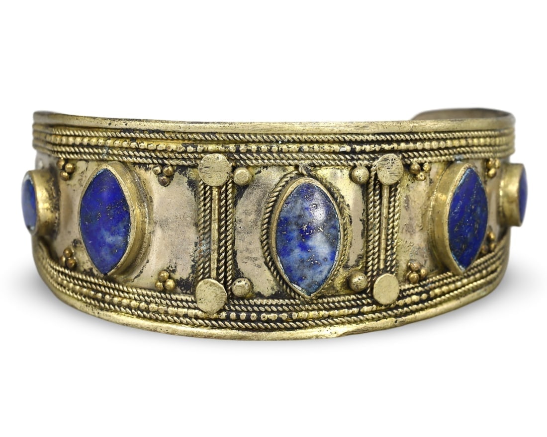 Post Medieval Qajar Dynasty Silver Cuff Bracelet with Lapis Lazuli Gems, 18th-20th Century (1 of 2)