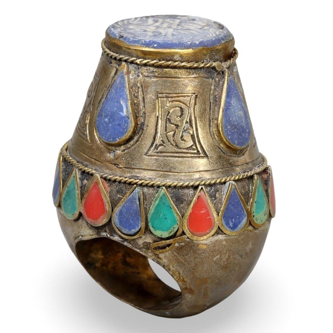 Turkish Nomad Tribe Tower Ring, Silver with Vegetal, late 19th-early 20th Century: We are delighted to present an extraordinary collection of jewelry and artifacts spanning various historic European periods. Our selection ranges from Ancient Roman, Byzantine, and Early Medieval to L