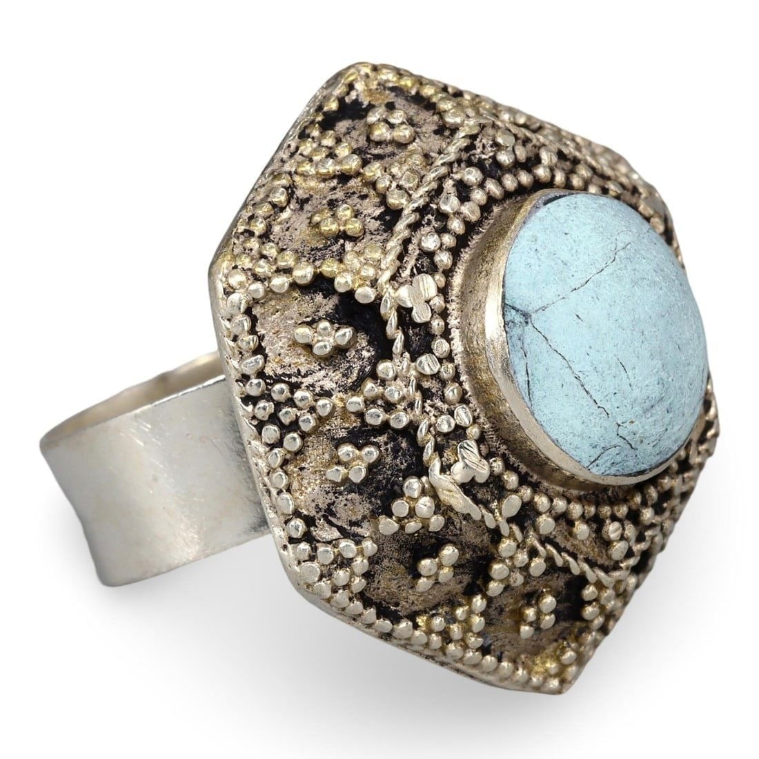 Mid-Century Islamic Silver Ring with Pseudo-Granulation and Centered Blue Stone (1 of 3)