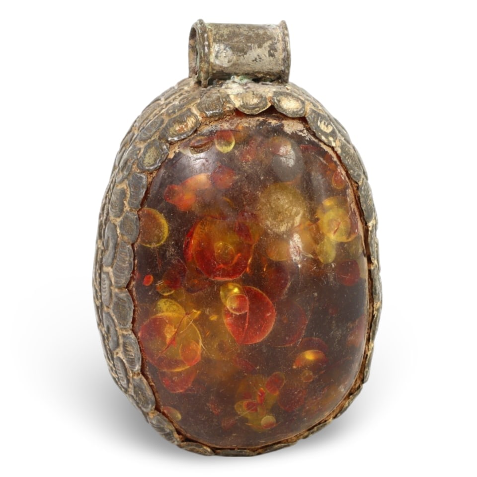 Post Medieval Sino Himalayan Tibetan Pressed Honey Amber Locket Pendant, 18th-20th Century: Post Medieval Sino Himalayan Tibetan Pressed Honey Amber Locket Pendant, 18th-20th Century