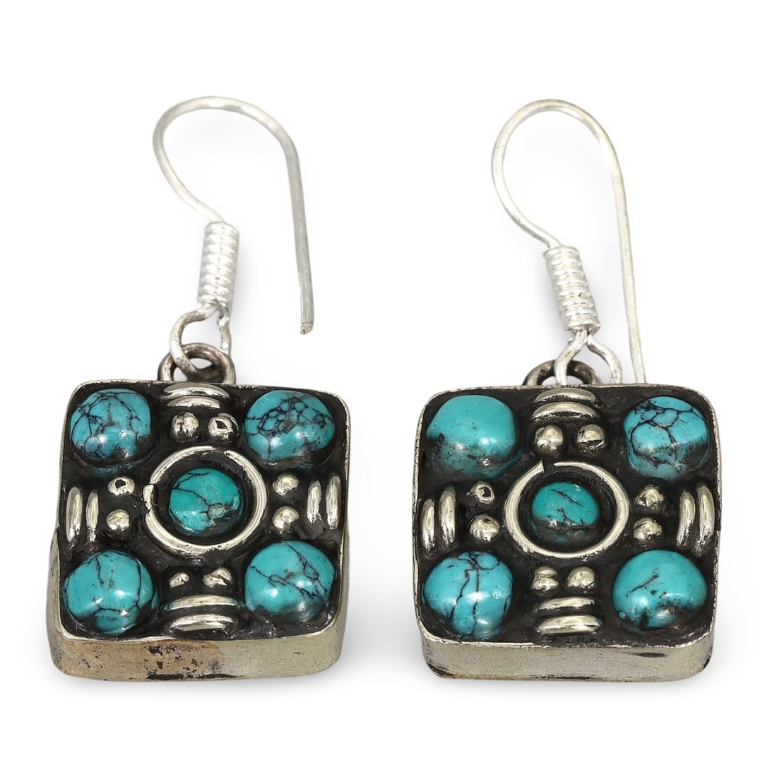 Antique Sino-Tibetan Gems Inlaid Silver Earrings: Antique Sino-Tibetan Gems Inlaid Silver Earrings