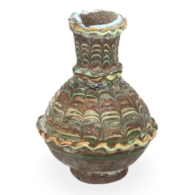 Ancient Medieval Islamic Ghaznavid Dragged Trails Mosaic Glass Flask, 10th-13th Century CE (1 of 2)