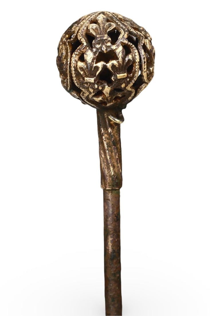 Ancient Merovingian Bronze Hairpin with Ornate Openwork Spherical Top, 6th-7th Century (1 of 2)