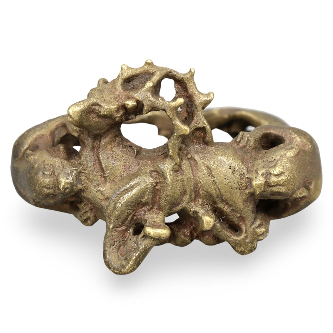 Post-Medieval Bronze Ring with Dual Lions Hunting Gazelle Motif (1 of 2)