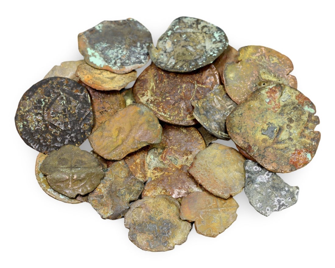 Lot of Antique Medieval Spanish Pirate Period Bronze Coin (12mm-22mm) (1 of 1)