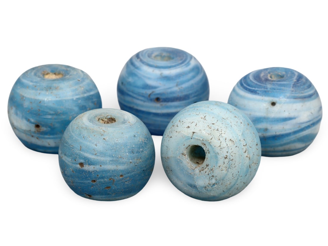 Antique Near Eastern Swirl Blue Glass Beads: NO RESERVE AUCTION running!! Our upcoming No Reserve Auction offers an incredible collection of authentic ancient Roman coins, Viking jewelry, and historical artifacts spanning millennia. This is a ra