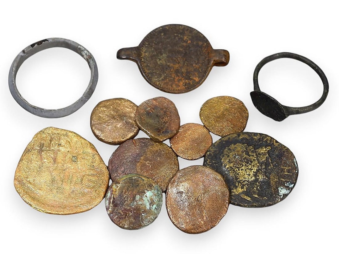 Medieval Bronze and Copper Rings with Assorted Ancient Coins (1 of 1)
