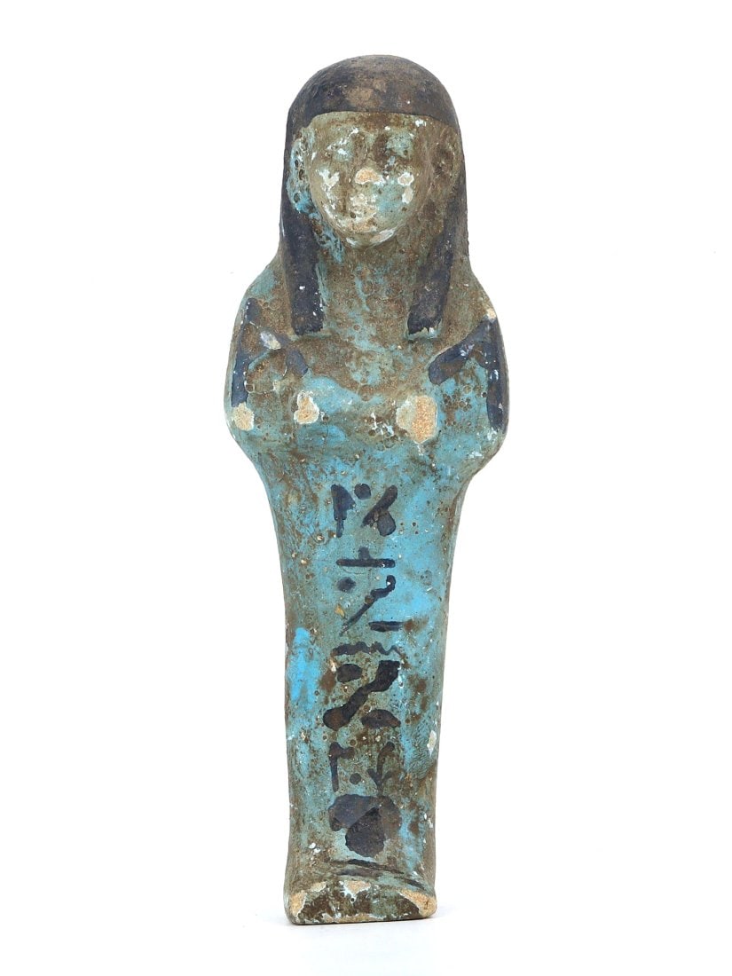 Antique Egyptian Grand Tour Statutte of Protector of the Afterlife, Faience Ushabti Figurine: Our highly anticipated antique auction, offering an unparalleled opportunity for collectors and history enthusiasts to acquire rare Ancient Artifacts for Sale. Our collection spans centuries and civil