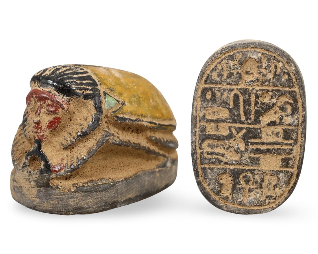 Post Medieval Egyptian Gilded Scarab Amulet with Hieroglyphic Inscription: Our highly anticipated Antique Auction, "Treasures of the Ancient and Medieval World," offering an unparalleled opportunity for collectors and history enthusiasts to acquire rare Ancient Artifacts for