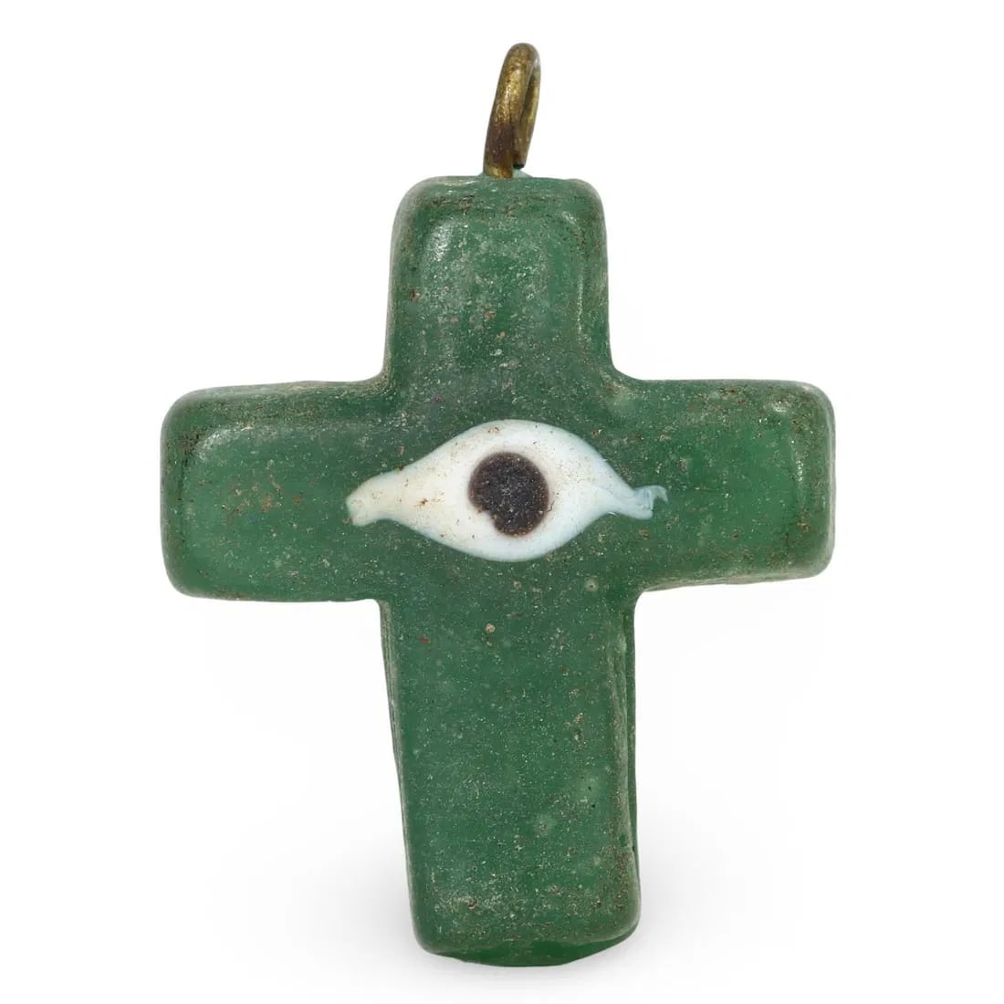 Antique Roman Style Green Glass Cross Amulet with Eye Motif: Our highly anticipated Antique Auction, "Treasures of the Ancient and Medieval World," offering an unparalleled opportunity for collectors and history enthusiasts to acquire rare Ancient Artifacts for