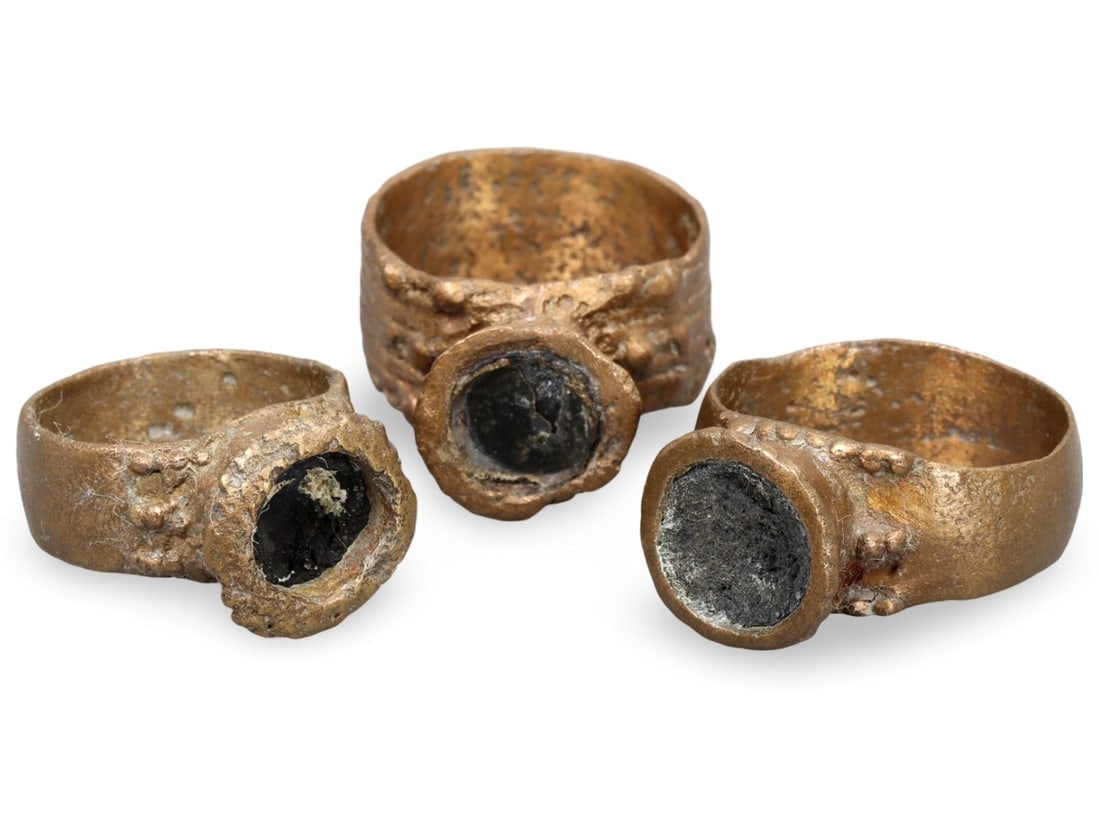 Collection of Three Ancient Medieval Bronze Rings with Distinct Designs (1 of 2)