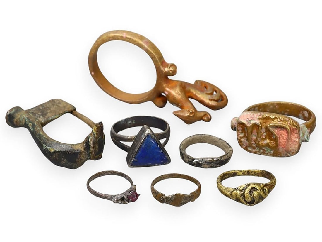 Collection of Medieval and Ancient Bronze Rings with Gemstone and Decorative Designs (1 of 1)