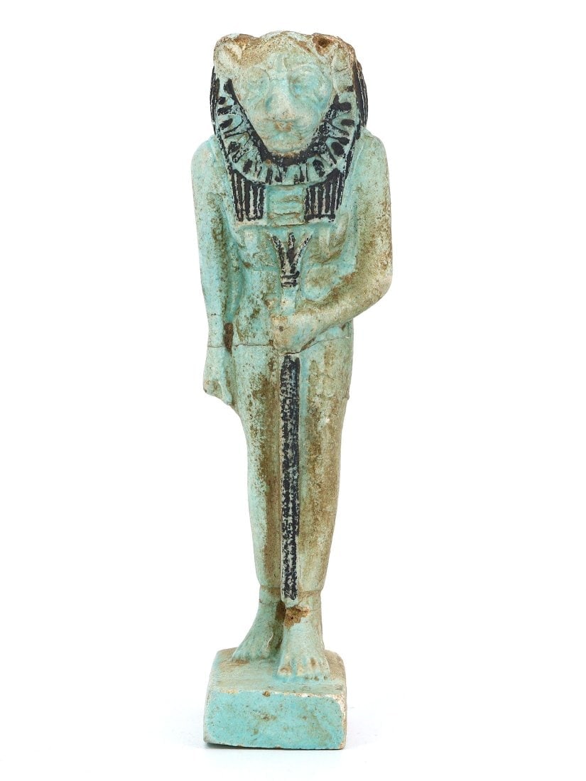 Antique Egyptian Grand Tour Statutte of Embodiment of Power, Faience Sekhmet Statuette: Our highly anticipated Antique Auction, "Treasures of the Ancient and Medieval World," offering an unparalleled opportunity for collectors and history enthusiasts to acquire rare Ancient Artifacts for