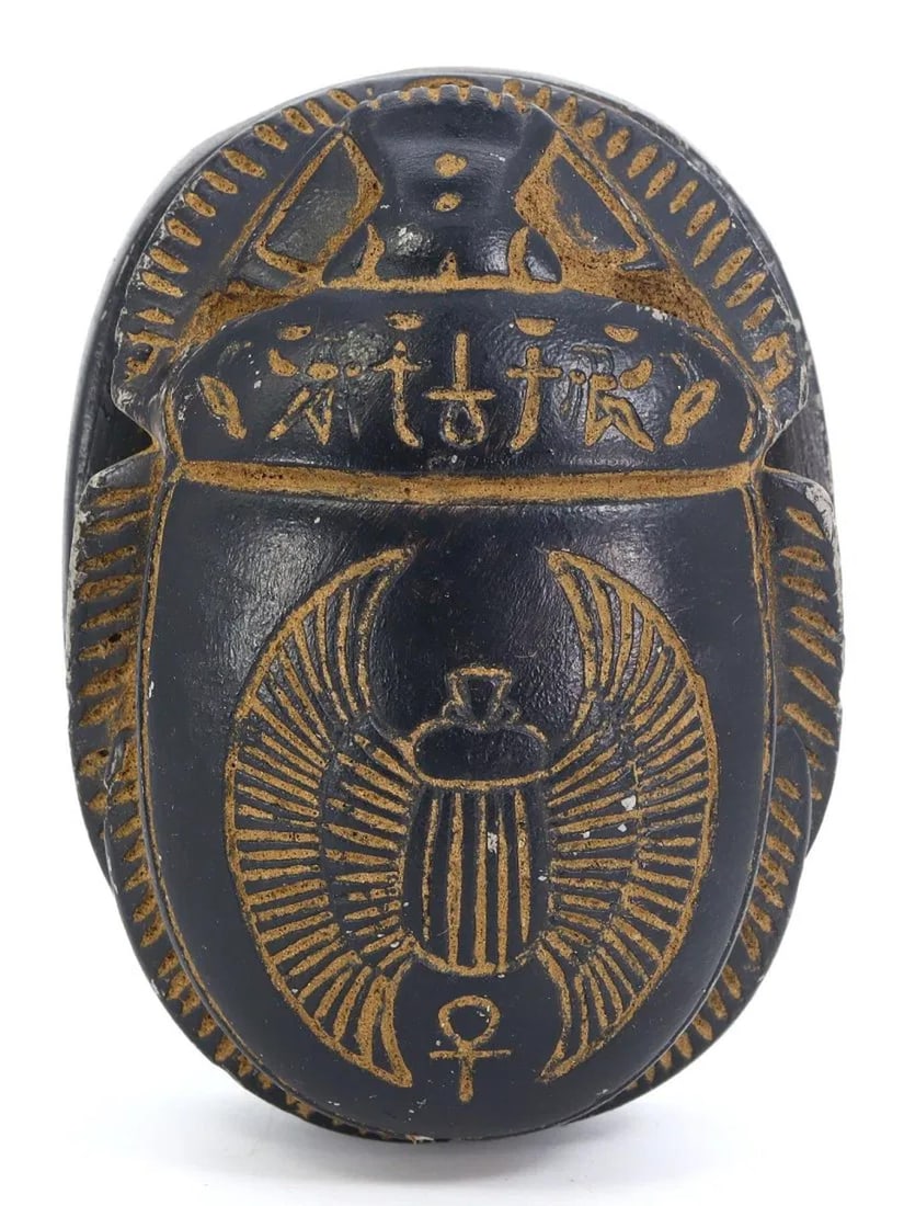 Ancient Egyptian Style Black Stone Scarab Amulet with Hieroglyphs (1 of 3)