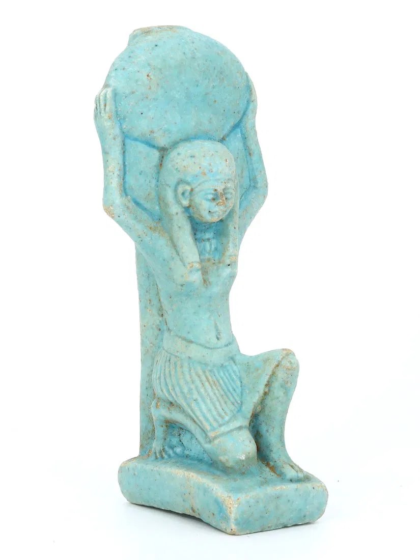 Kneeling Egyptian Faience Figure Holding Sun Disc, Post-Medieval Grand Tour Era (1 of 4)