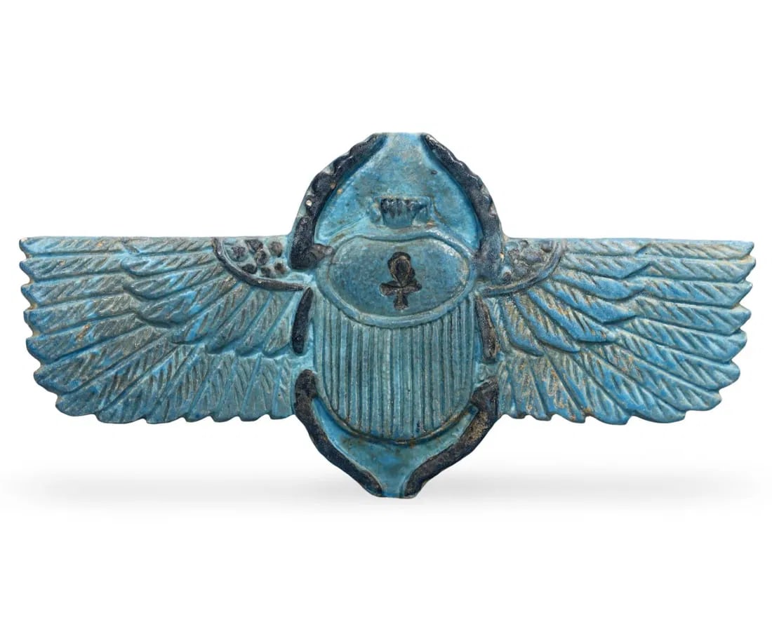 4.9" Post Medieval Egyptian Grand Tour Winged Scarab Amulet, 17th-20th Century: Our highly anticipated Antique Auction, "Treasures of the Ancient and Medieval World," offering an unparalleled opportunity for collectors and history enthusiasts to acquire rare Ancient Artifacts for